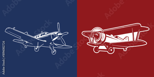 Vintage Aircraft Silhouette Set, Retro Propeller Plane and Antique Biplane Vector Illustration