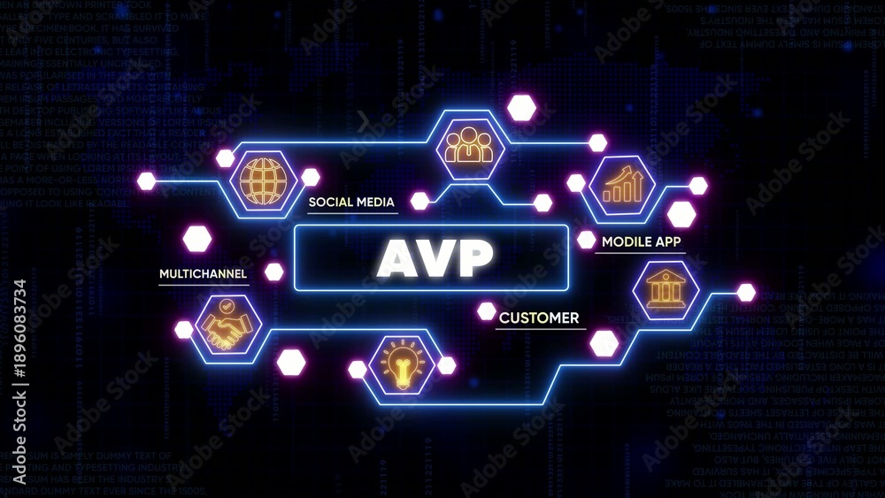 Fototapeta premium AVP Audio Video Processing Technology Concept with Social Media and Customer API Integration in Futuristic Neon Interface