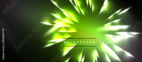 Bright green abstract explosion. Radial light streaks emanate from center, dark background creates contrast. Modern design element.
