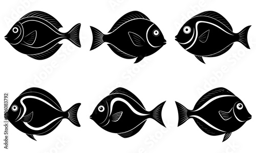 Six black fish illustrations with white details swim in different directions
