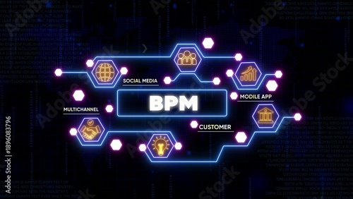 Business process management BPM flowchart with social media and customer icons in futuristic neon blue and purple digital network