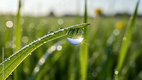 A stunning macro shot captures the delicate beauty of a fresh morning dewdrop clinging to a vibrant green blade of grass. The pristine water droplet acts as a natural lens, perfectly reflecting an inv