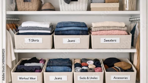 Perfectly organized modern wardrobe with clothes neatly folded into labeled fabric bins for t shirts, jeans, sweaters, and accessories, showcasing a tidy and minimalist storage system