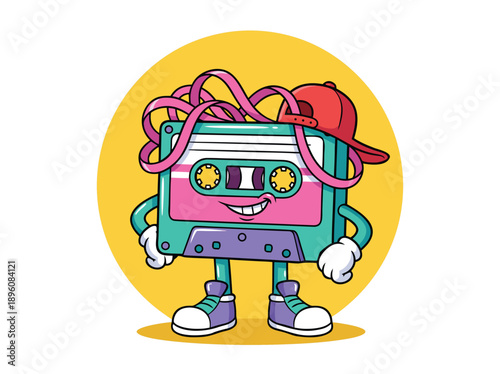 Retro Cassette Tape Character with Red Cap.