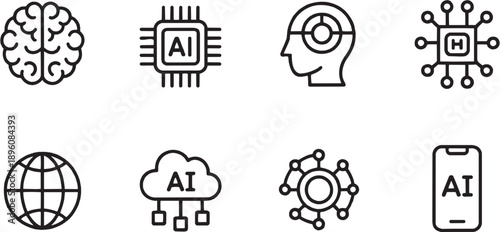 Artificial intelligence icon set in line style. Collection of AI and machine learning symbols, including brain, neural network, automation, robot, data and more. Editable stroke.