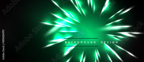 Dark background features vibrant green rays emanating from center. Design suggests energy, motion, futuristic aesthetic. Simple, bold presentation.