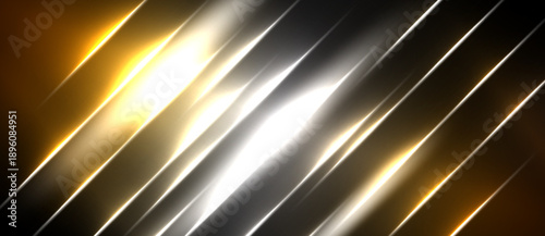 Abstract design features diagonal lines, bright gold, silver, white hues. Dramatic lighting creates dynamic visual effect. Minimalist composition.