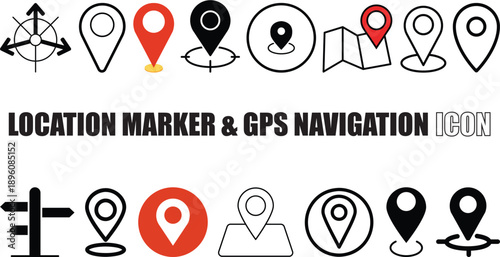 Location Marker & GPS Navigation Icons Collection – Map Pins, Routes, Direction UI Symbols.