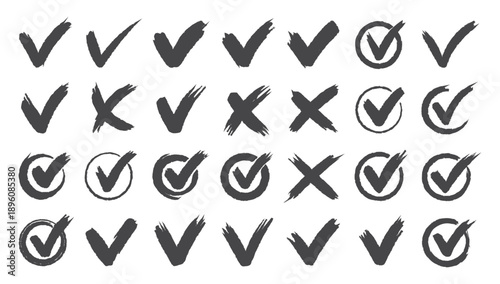 Set hand drawn check mark, tick and cross brush signs, checkmark OK and X icons, symbols YES and NO button, checkbox chalk icons, sketch checkmarks, checklist marks - stock vector