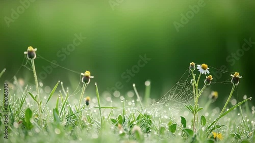 A tranquil macro shot reveals a vibrant, dew-kissed meadow at dawn, showcasing intricate spiderwebs draped between delicate wildflowers and glistening blades of grass. Each tiny dewdrop sparkles like 