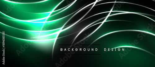 Abstract design features flowing lines, vibrant green glow, dark background. Modern aesthetic, dynamic energy, sleek presentation.