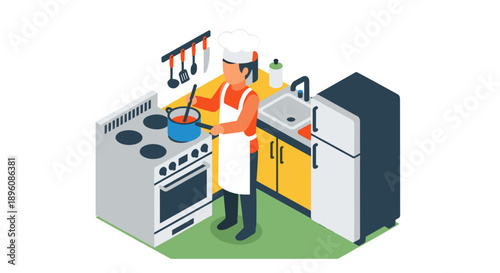 Chef Cooking in Modern Kitchen Illustration.