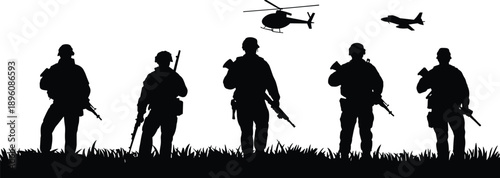 Military soldier silhouettes standing with rifles, armed forces patrol scene with helicopter and aircraft, defense security concept