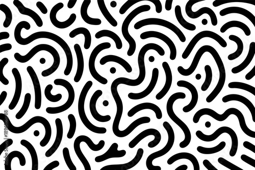 Black & White Squiggle Pattern – Seamless Abstract Doodle Design. Seamless Squiggle Line Art. Bold Black Curves on White Background