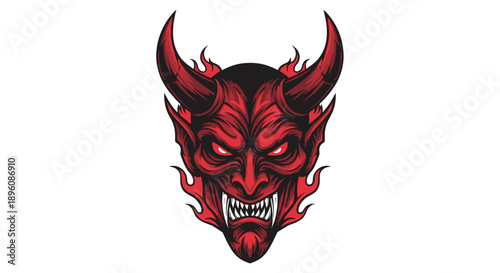Red Devil Head with Horns and Sharp Teeth.