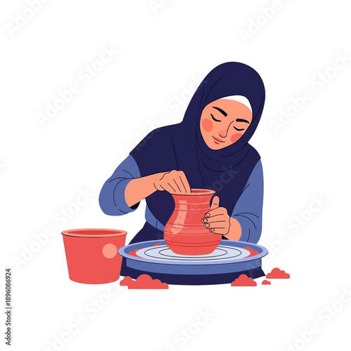 Woman in Hijab Creating Clay Pottery.