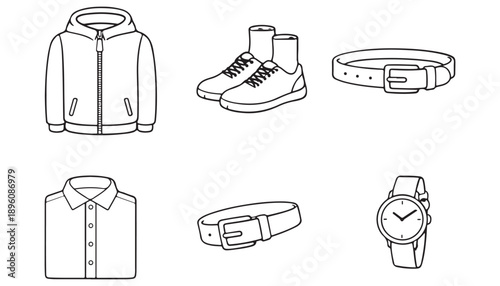 Line art drawings of casual men's clothing and accessories