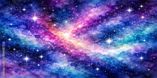 An abstract blue space background features a bright nebula and deep galaxy starfield shimmering across the dark cosmic universe in this fantasy astronomy illustration