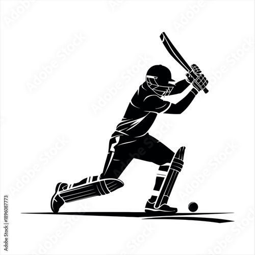 A dynamic illustration of a cricketer swinging a bat at an incoming ball. Vector