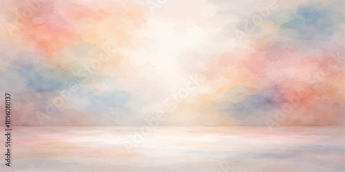 Abstract watercolor sunset landscape featuring dramatic orange and red clouds in a beautiful summer sky at dusk with bright golden sunlight