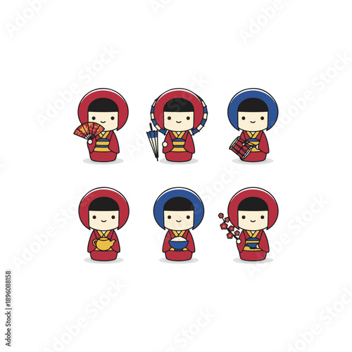 Six adorable Japanese Kokeshi dolls in traditional kimonos, each with unique accessories and expressions, showcasing cultural charm.