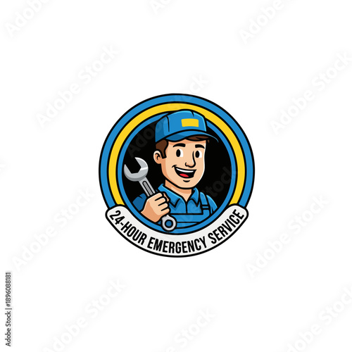 24 Hour Emergency Service Mechanic Holding Wrench Logo.
