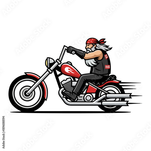 Bearded biker riding a classic red chopper motorcycle.