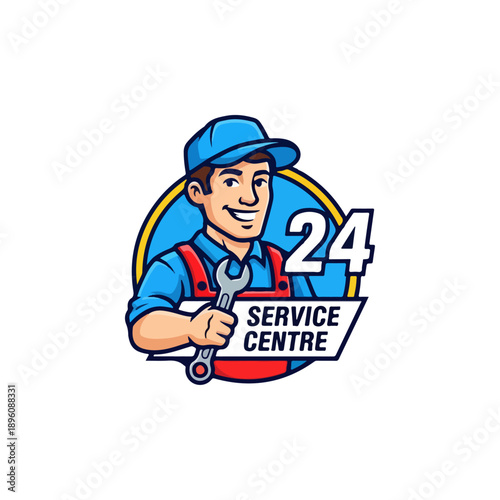 Friendly Mechanic with Wrench Offering 24 Hour Service.