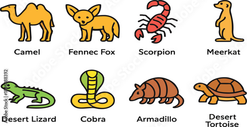 Minimalist Colorful Desert Animals Vector Icon Set Flat Line Art Safari Wildlife on Grid.