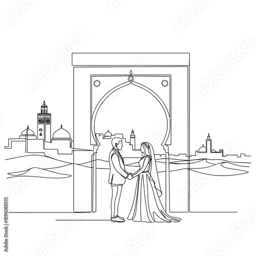 Line drawing of couple holding hands at Moroccan wedding venue  