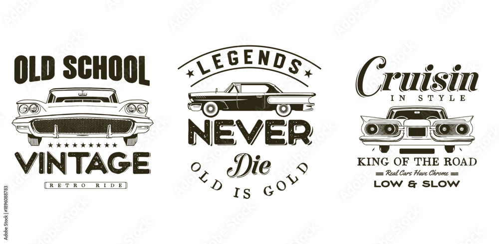 Fototapeta premium Set of vintage classic car vector illustrations for t-shirt design and retro posters.