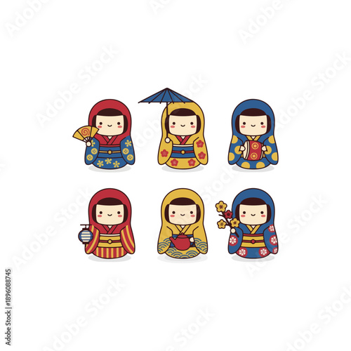 Charming collection of six traditional Japanese Kokeshi dolls in vibrant kimonos.