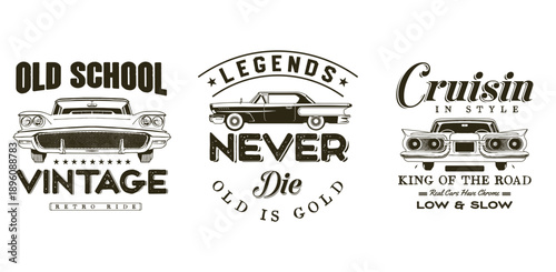 Set of vintage classic car vector illustrations for t-shirt design and retro posters.