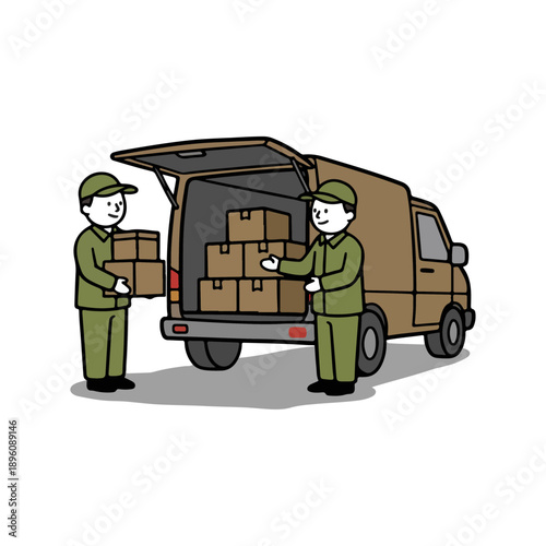 Two Delivery Men Loading Boxes Into A Van.