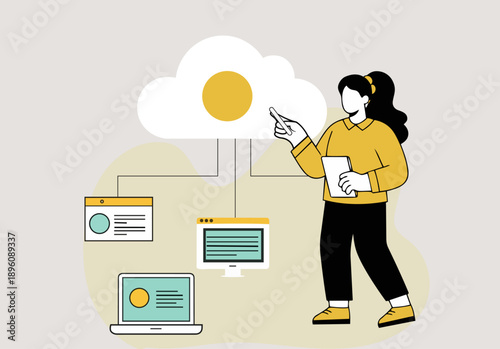 Cloud native development programmer developing applications for cloud computing cloud icon and source code illustrations