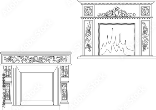 Vector sketch illustration silhouette design image of classic vintage fireplace for room heating