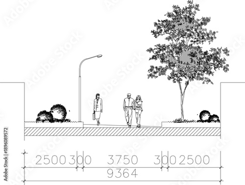 vector sketch illustration silhouette design image section view facade landscape pedestrian walkway for pedestrians in the park
