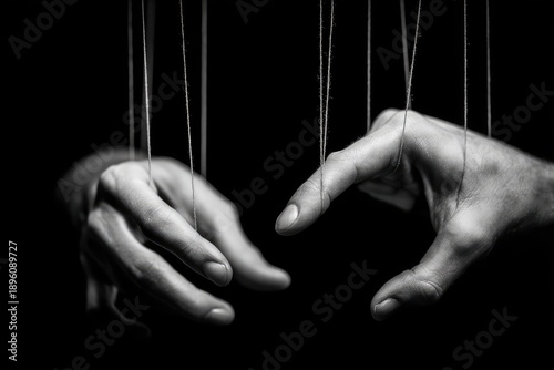 Two hands manipulated by a rope on a black background