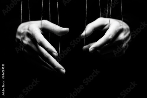 Two hands manipulated by a rope on a black background