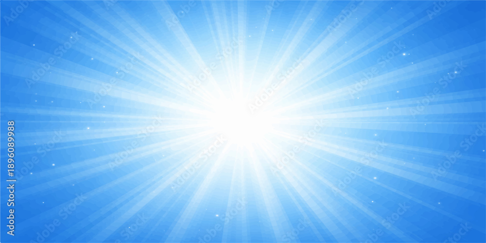 Fototapeta premium Abstract blue vector backdrop featuring a bright summer sun with shining rays and glowing light beams bursting through a clear sky design for a nature inspired sunrise illustration