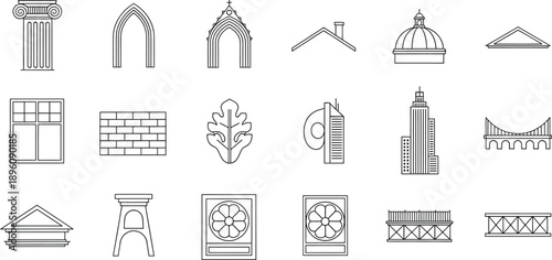 A set of line art icons depicting various architectural elements and building components
