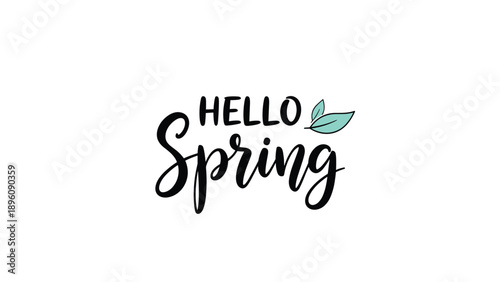 Elegant handwritten text saying hello spring accompanied by two simple green leaves on a clean white background.