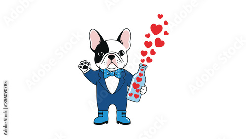 Cute french bulldog character in blue suit and bow tie holding a bottle with floating red hearts for valentine celebration.