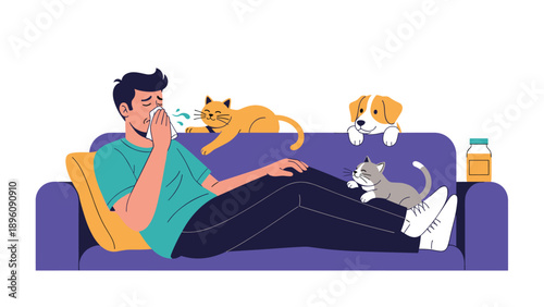 Detailed illustration of a man suffering from severe animal allergies while resting on a sofa surrounded by cats and a friendly dog.
