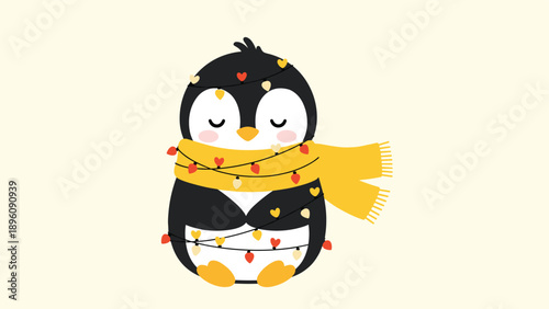 Adorable penguin wrapped in a warm yellow scarf and tangled in colorful heart shaped fairy lights for the winter holiday season.