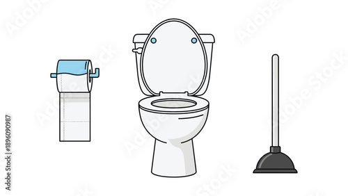 Simple and clean illustration of essential bathroom items including a roll of toilet paper a white toilet and a black rubber plunger.