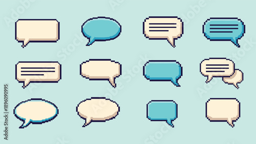 Collection of simple and clean pixel art speech bubbles in blue and beige tones for retro gaming and digital communication designs.