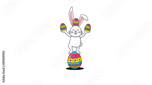 Whimsical white rabbit balancing on one large egg while juggling three smaller colorful easter eggs to showcase festive holiday fun.