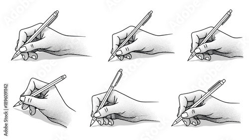 Series of six hand drawn sketches showing different ways to hold a pen while writing or drawing on a white surface.
