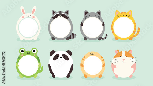 Set of cute animal frames featuring a rabbit raccoon cat frog panda and hamster with empty white circles for photos or custom text.
